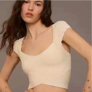 NWT Anthropologie | Cream Cropped Scalloped Sleeve V-Neck Sweater Tee, XL
